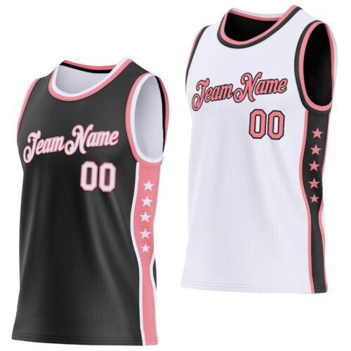 Custom Reversible Black White-Medium Pink Double Side Star Sublimation Basketball Suit Jersey