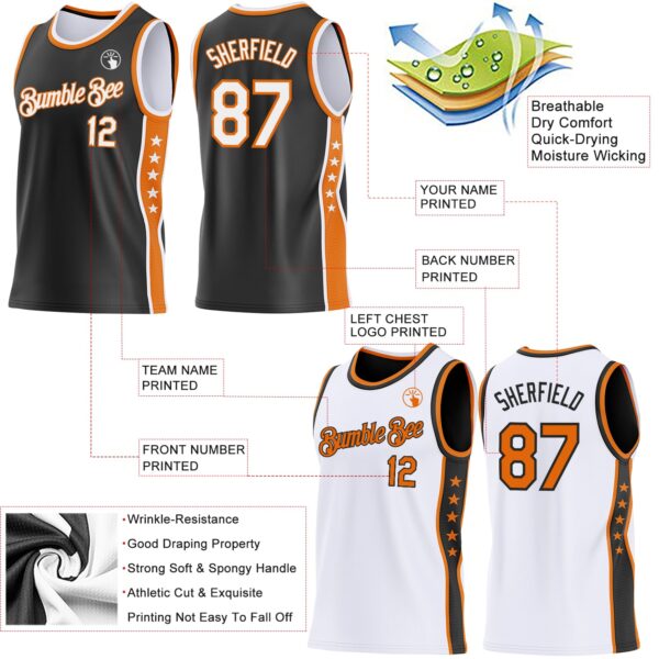 Custom Reversible Black White-Bay Orange Double Side Star Sublimation Basketball Suit Jersey