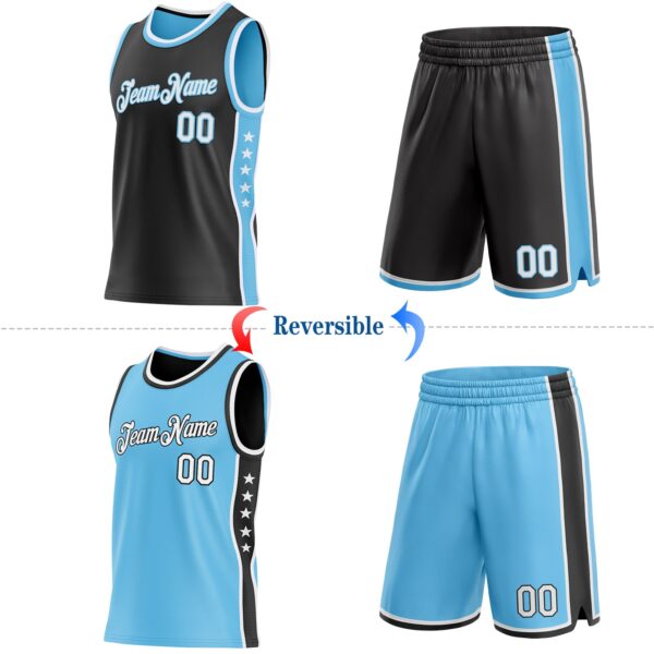 Custom Reversible Black White-Sky Blue Double Side Star Sublimation Basketball Suit Jersey