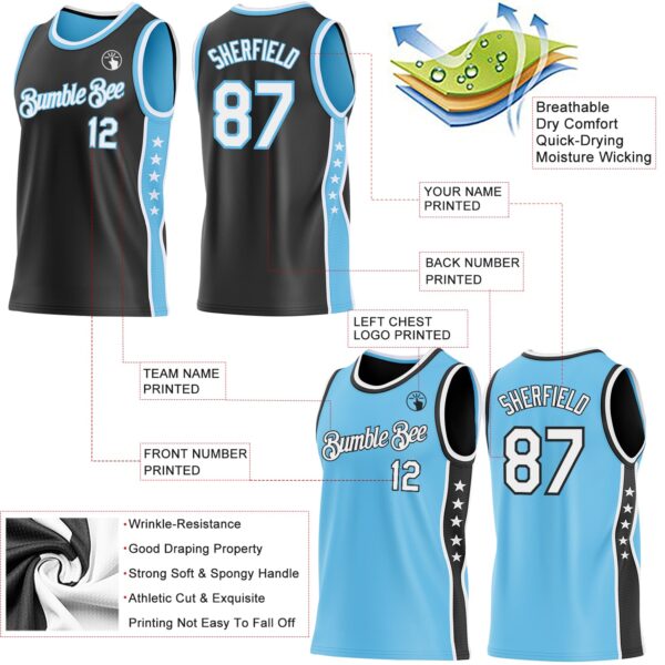 Custom Reversible Black White-Sky Blue Double Side Star Sublimation Basketball Suit Jersey