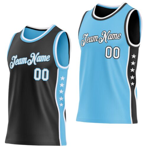 ReversibleD0287 Custom Reversible Black White-Sky Blue Double Side Star Sublimation Basketball Suit Jersey