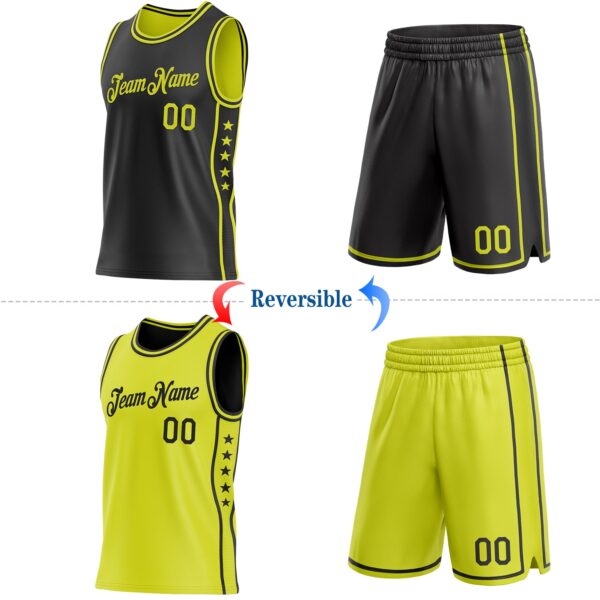 Custom Reversible Black Neon Yellow Double Side Star Sublimation Basketball Suit Jersey