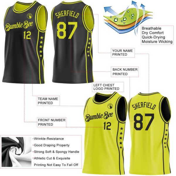 Custom Reversible Black Neon Yellow Double Side Star Sublimation Basketball Suit Jersey