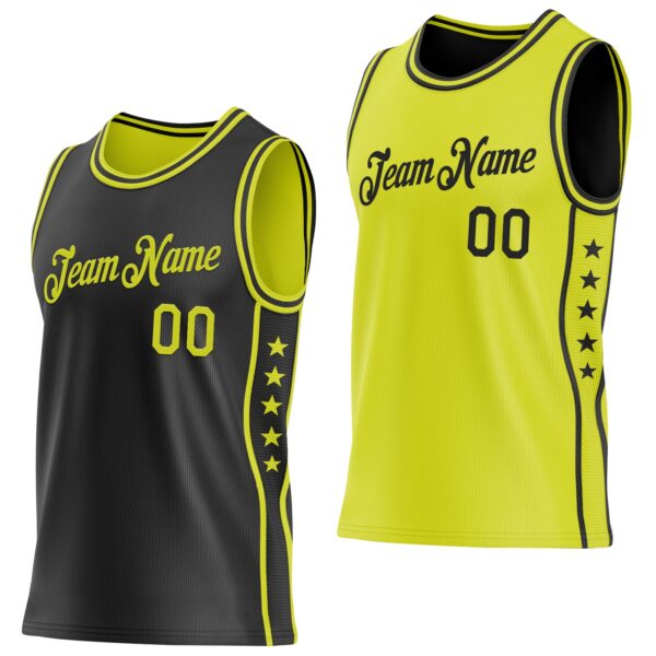 Custom Reversible Black Neon Yellow Double Side Star Sublimation Basketball Suit Jersey