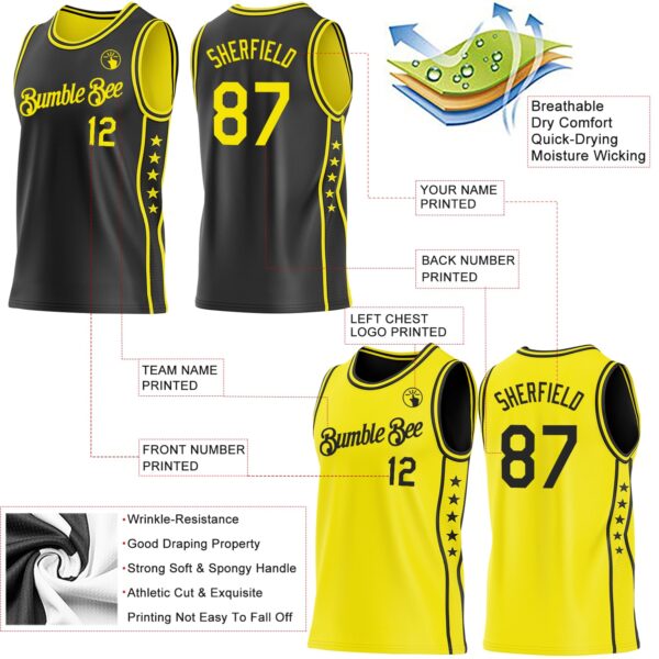 Custom Reversible Black Light Yellow Double Side Star Sublimation Basketball Suit Jersey