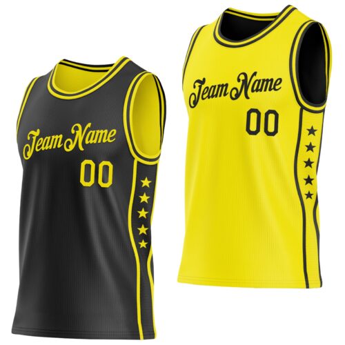 Custom Reversible Black Light Yellow Double Side Star Sublimation Basketball Suit Jersey