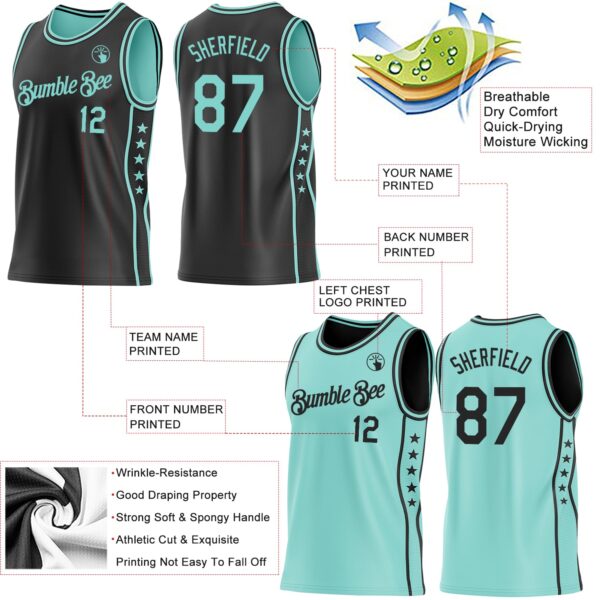 Custom Reversible Black Ice Blue Double Side Star Sublimation Basketball Suit Jersey