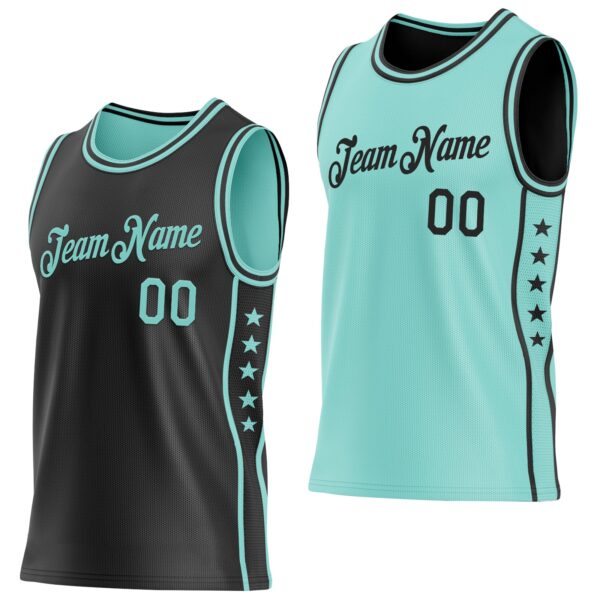 Custom Reversible Black Ice Blue Double Side Star Sublimation Basketball Suit Jersey