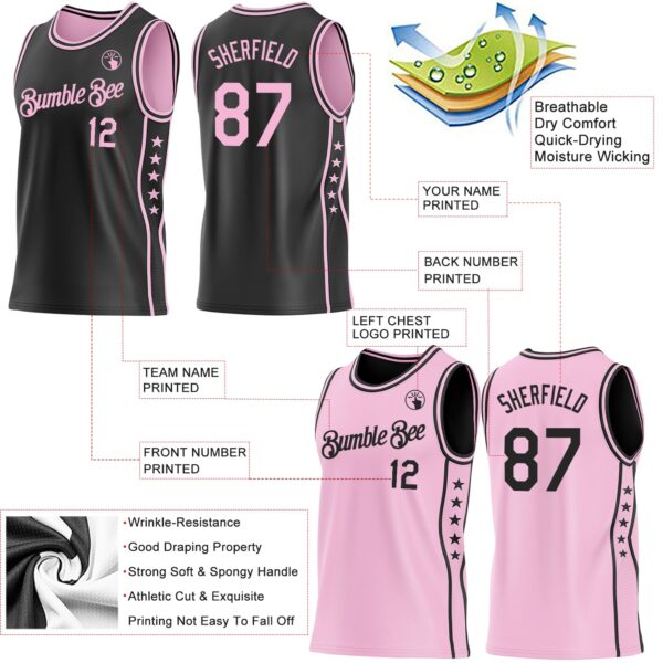 Custom Reversible Black Light Pink Double Side Star Sublimation Basketball Suit Jersey