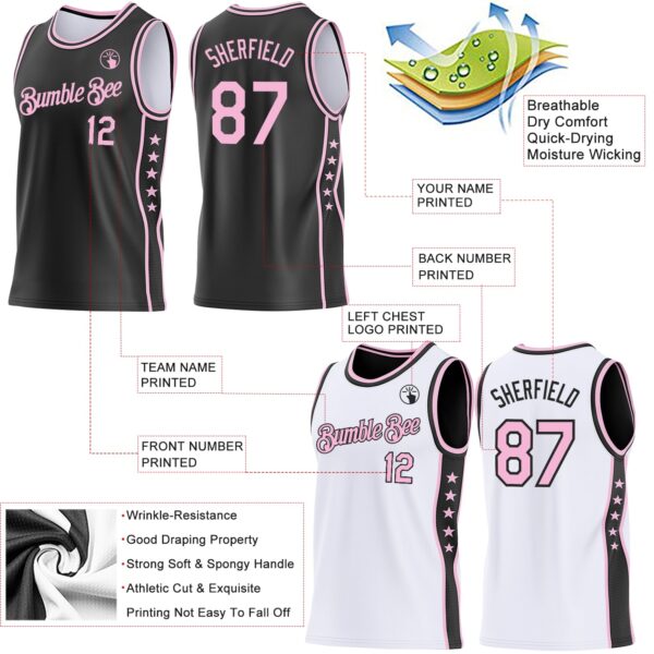 Custom Reversible Black Light Pink Double Side Star Sublimation Basketball Suit Jersey
