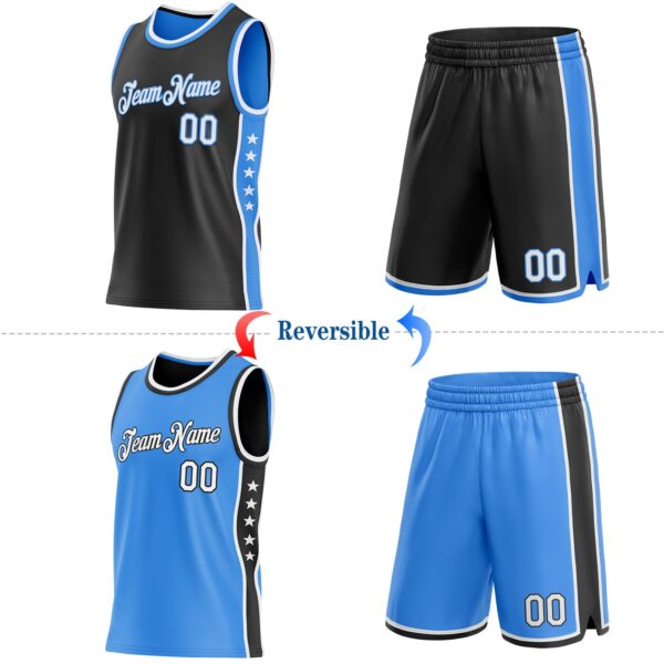 Custom Reversible Black White-Powder Blue Double Side Star Sublimation Basketball Suit Jersey