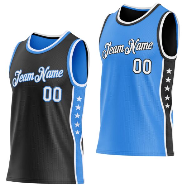 Custom Reversible Black White-Powder Blue Double Side Star Sublimation Basketball Suit Jersey