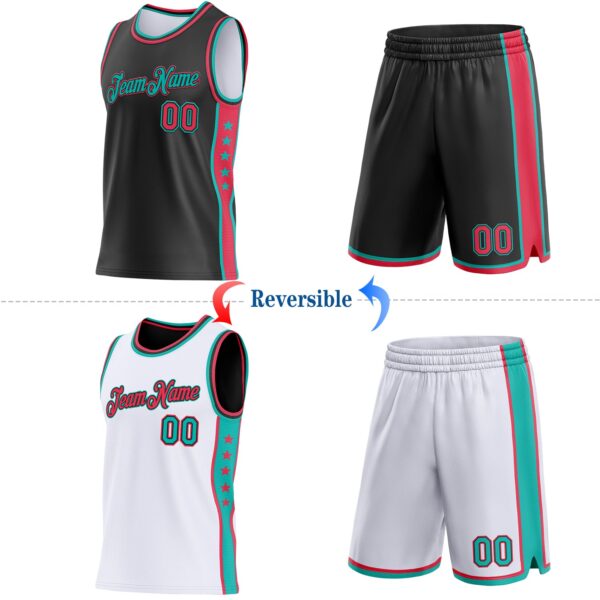 Custom Reversible Black Neon Pink-Aqua Double Side Star Sublimation Basketball Suit Jersey