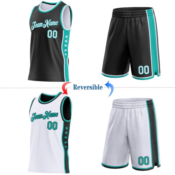 Custom Reversible Black White-Aqua Double Side Star Sublimation Basketball Suit Jersey