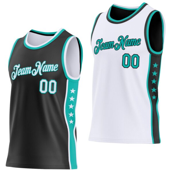 Custom Reversible Black White-Aqua Double Side Star Sublimation Basketball Suit Jersey