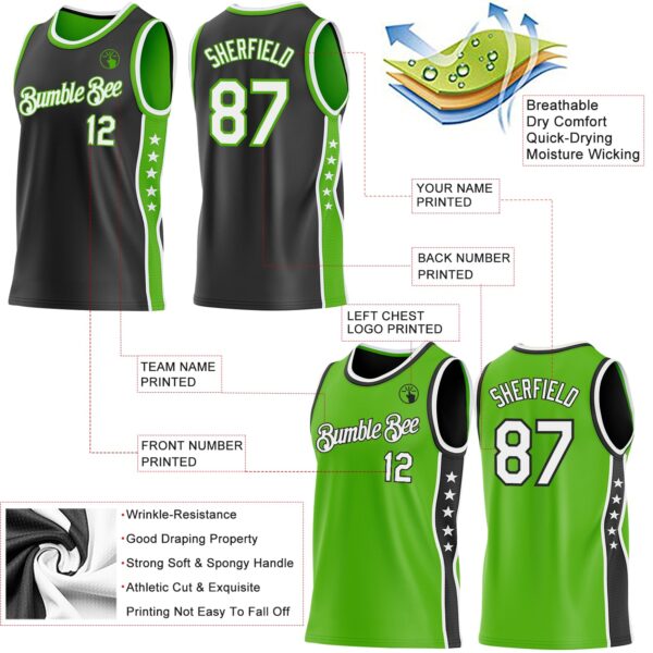 Custom Reversible Black White-Aurora Green Double Side Star Sublimation Basketball Suit Jersey