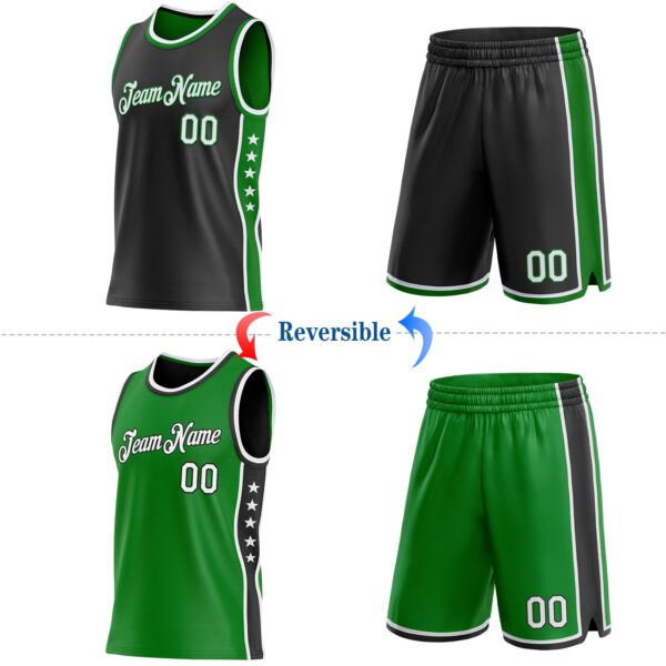 Custom Reversible Black White-Grass Green Double Side Star Sublimation Basketball Suit Jersey
