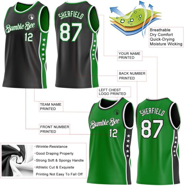 Custom Reversible Black White-Grass Green Double Side Star Sublimation Basketball Suit Jersey