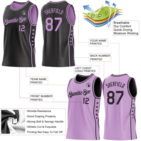 Custom Reversible Black Light Purple Double Side Star Sublimation Basketball Suit Jersey