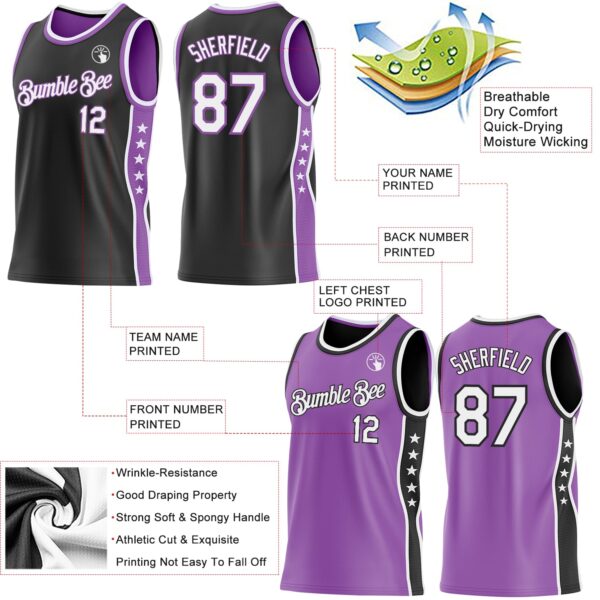 Custom Reversible Black White-Medium Purple Double Side Star Sublimation Basketball Suit Jersey