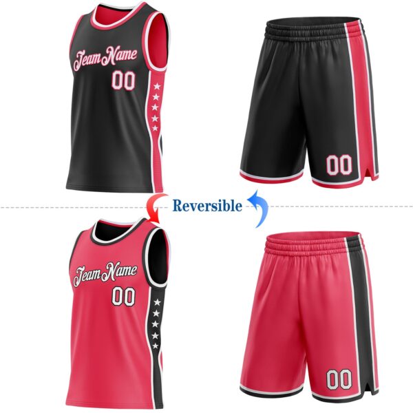 Custom Reversible Black White-Neon Pink Double Side Star Sublimation Basketball Suit Jersey