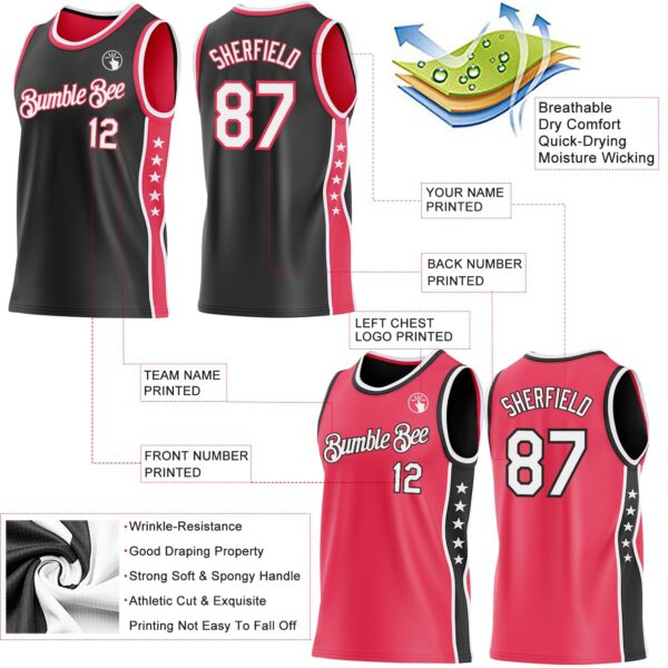 Custom Reversible Black White-Neon Pink Double Side Star Sublimation Basketball Suit Jersey