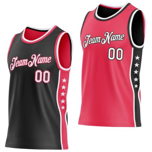 Custom Reversible Black White-Neon Pink Double Side Star Sublimation Basketball Suit Jersey