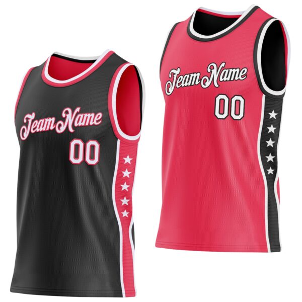 Custom Reversible Black White-Neon Pink Double Side Star Sublimation Basketball Suit Jersey