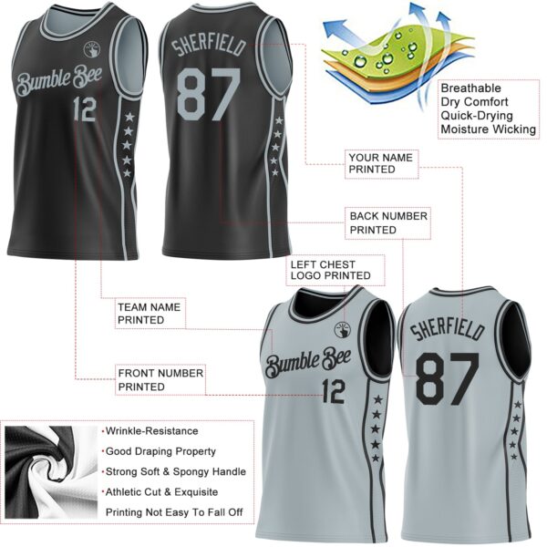 Custom Reversible Black Silver Double Side Star Sublimation Basketball Suit Jersey