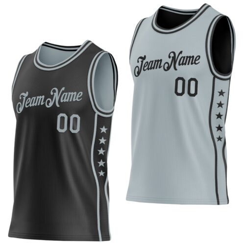 Custom Reversible Black Silver Double Side Star Sublimation Basketball Suit Jersey