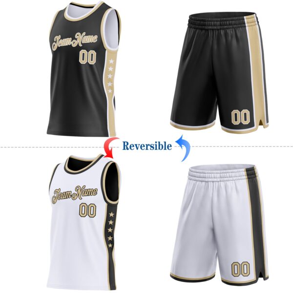 Custom Reversible Black Vegas Gold-White Double Side Star Sublimation Basketball Suit Jersey