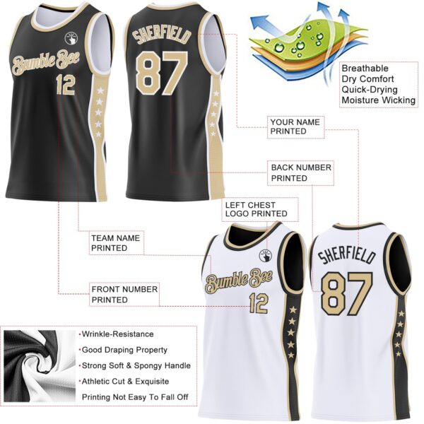 Custom Reversible Black Vegas Gold-White Double Side Star Sublimation Basketball Suit Jersey
