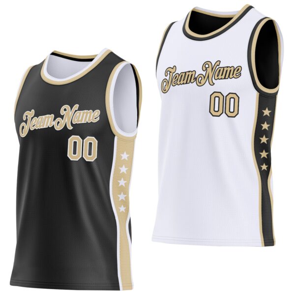 Custom Reversible Black Vegas Gold-White Double Side Star Sublimation Basketball Suit Jersey