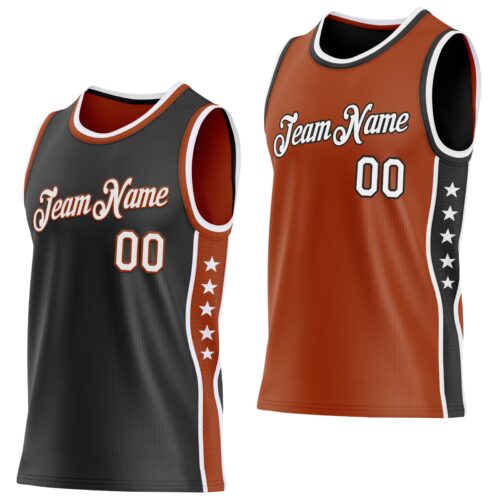 Custom Reversible Black White-Texas Orange Double Side Star Sublimation Basketball Suit Jersey