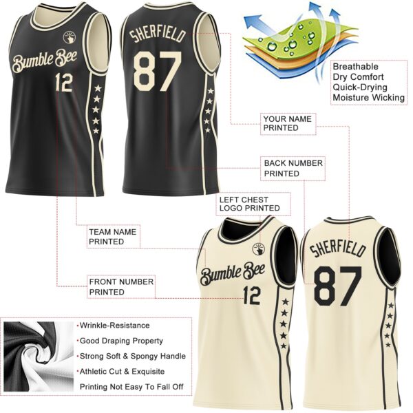 Custom Reversible Black Cream Double Side Star Sublimation Basketball Suit Jersey