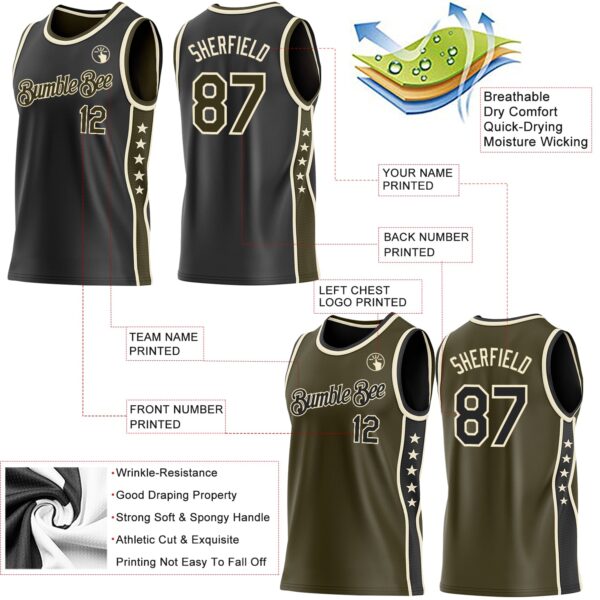 Custom Reversible Black Olive-Cream Double Side Star Sublimation Basketball Suit Jersey