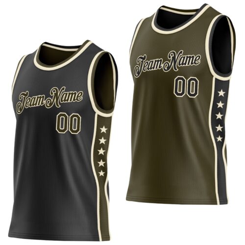ReversibleD0306 Custom Reversible Black Olive-Cream Double Side Star Sublimation Basketball Suit Jersey