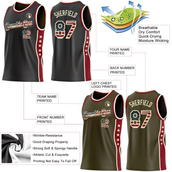 Custom Reversible Black Vintage USA Flag-Cream Double Side Star Sublimation Basketball Suit Jersey