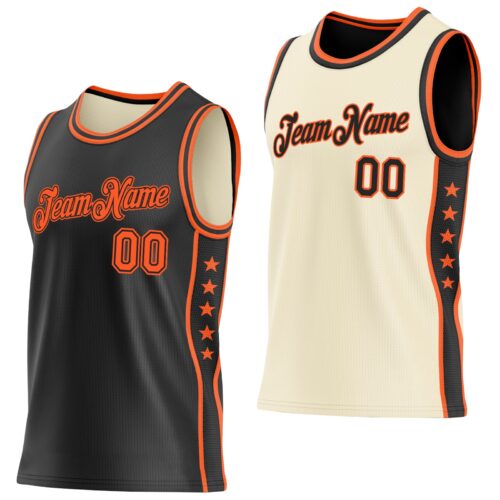 Custom Reversible Black Orange Double Side Star Sublimation Basketball Suit Jersey