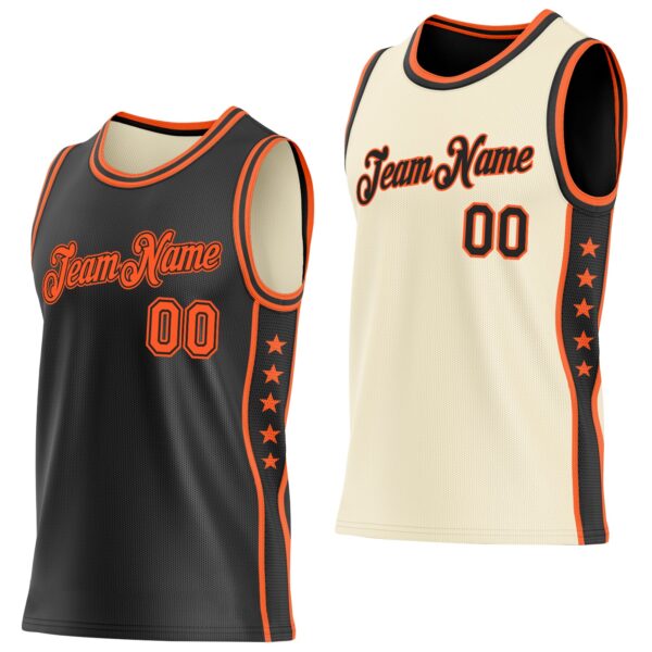 Custom Reversible Black Orange Double Side Star Sublimation Basketball Suit Jersey