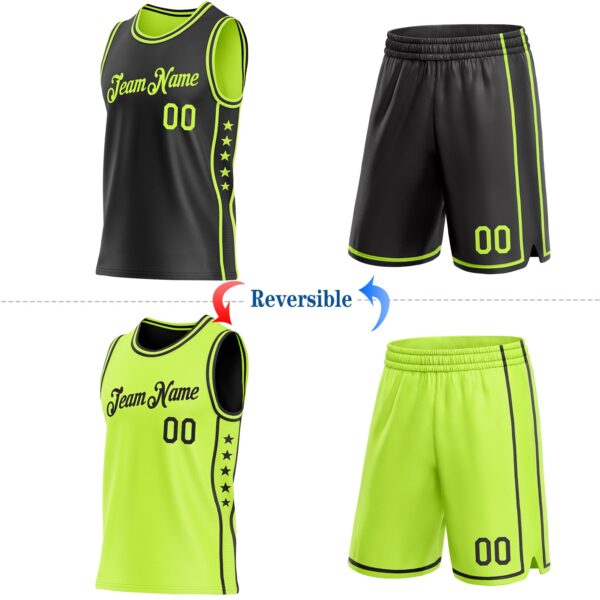 Custom Reversible Black Neon Green Double Side Star Sublimation Basketball Suit Jersey