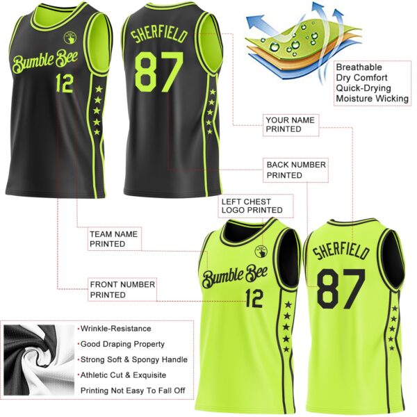 Custom Reversible Black Neon Green Double Side Star Sublimation Basketball Suit Jersey