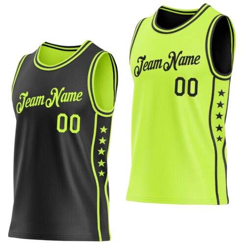 Custom Reversible Black Neon Green Double Side Star Sublimation Basketball Suit Jersey