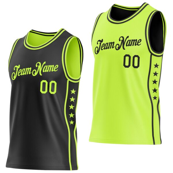 Custom Reversible Black Neon Green Double Side Star Sublimation Basketball Suit Jersey