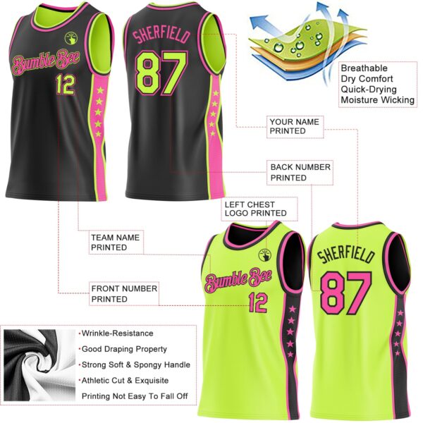 Custom Reversible Black Neon Green-Pink Double Side Star Sublimation Basketball Suit Jersey