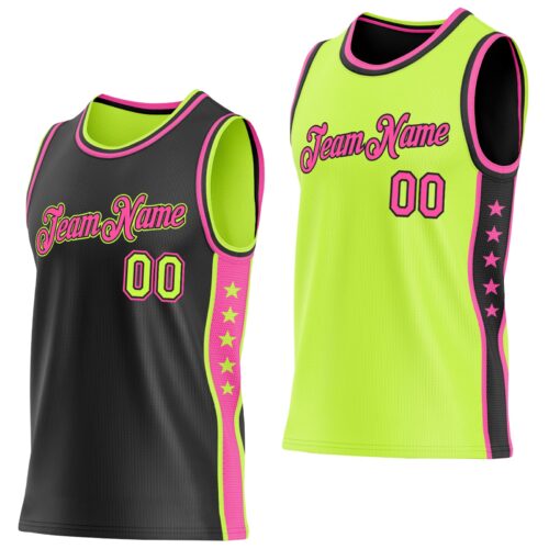 Custom Reversible Black Neon Green-Pink Double Side Star Sublimation Basketball Suit Jersey