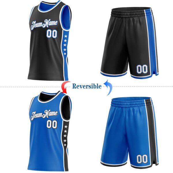 Custom Reversible Black White-Blue Double Side Star Sublimation Basketball Suit Jersey