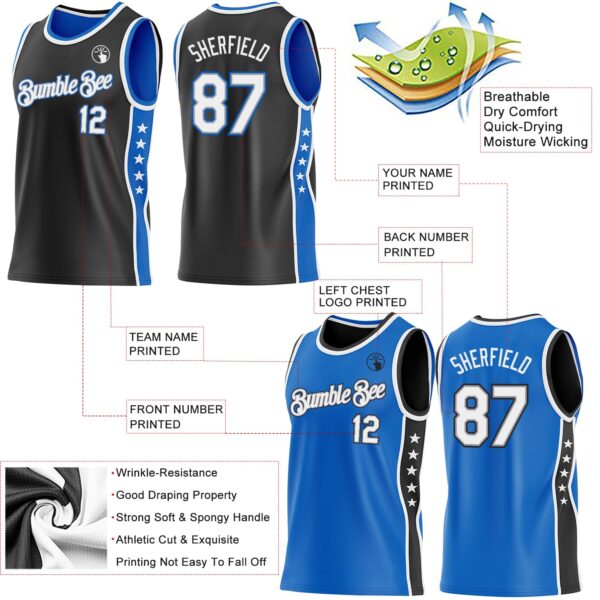 Custom Reversible Black White-Blue Double Side Star Sublimation Basketball Suit Jersey