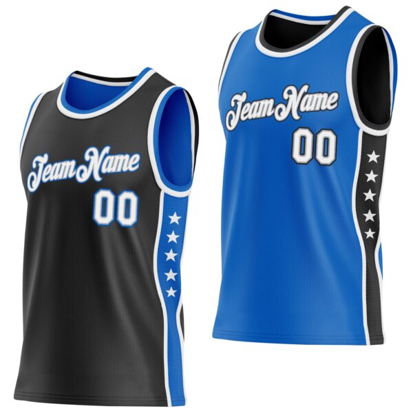 Custom Reversible Black White-Blue Double Side Star Sublimation Basketball Suit Jersey