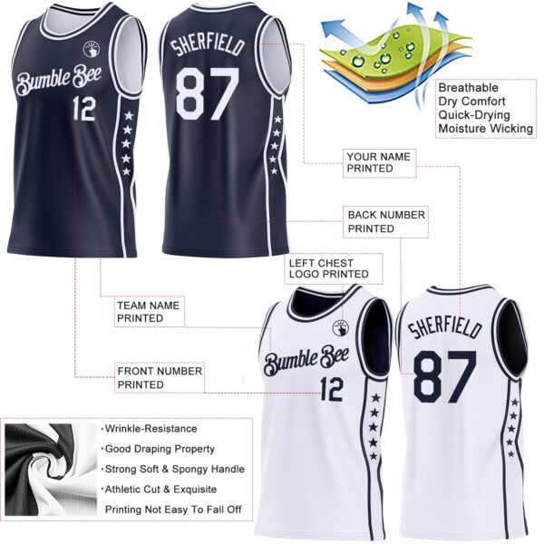 Custom Reversible Navy White Double Side Star Sublimation Basketball Suit Jersey